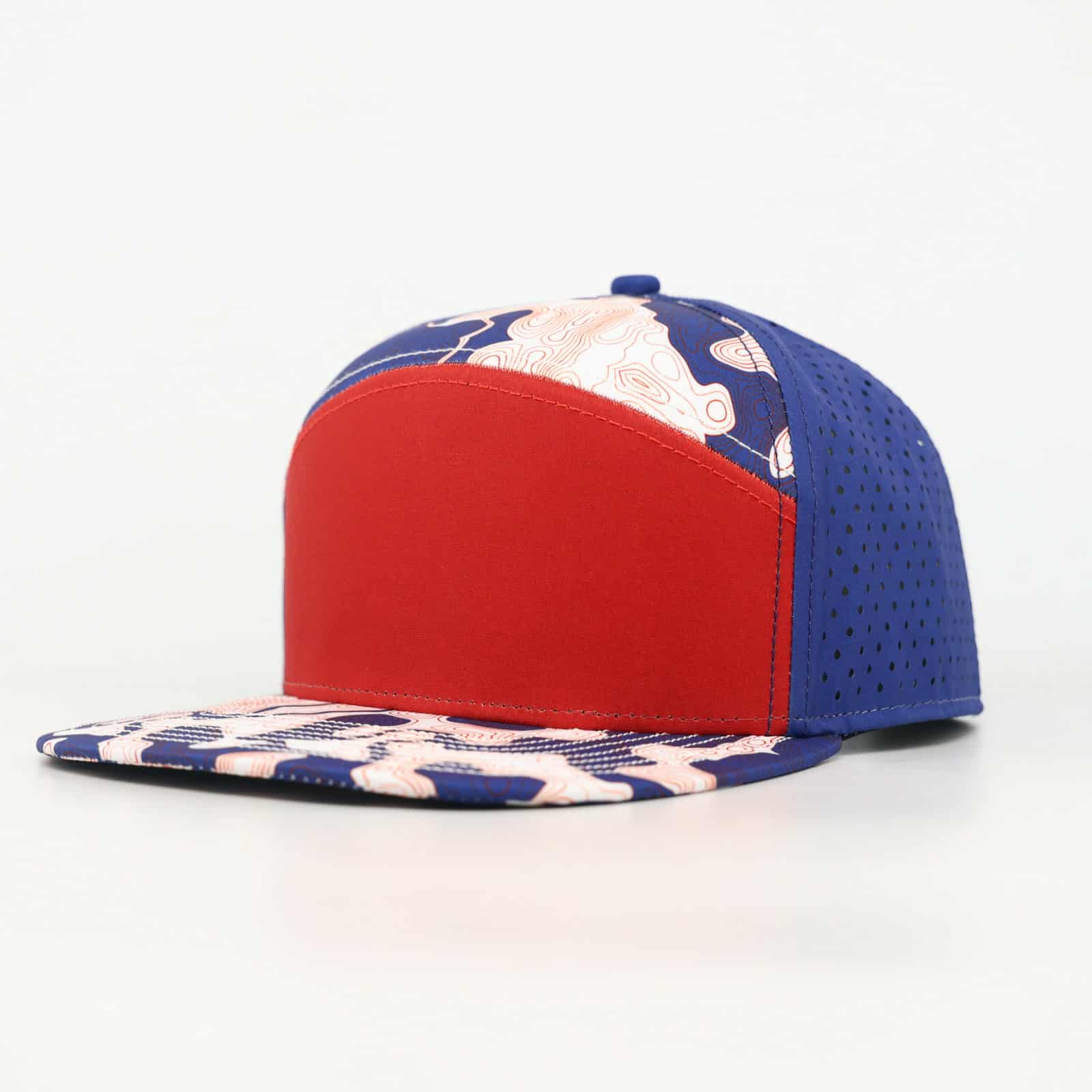 red front with red white and blue topo with blue back