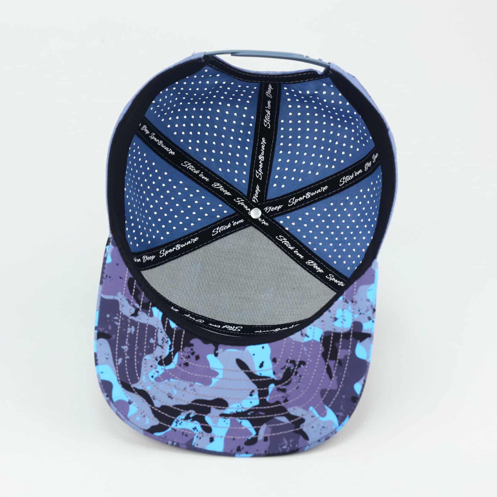 navy blue front with camo top and bill with blue back