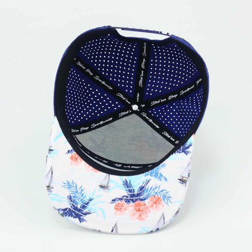 baby blue front with palms and navy blue back