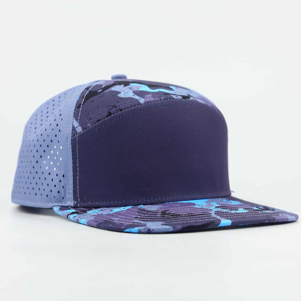navy blue front with camo top and bill with blue back