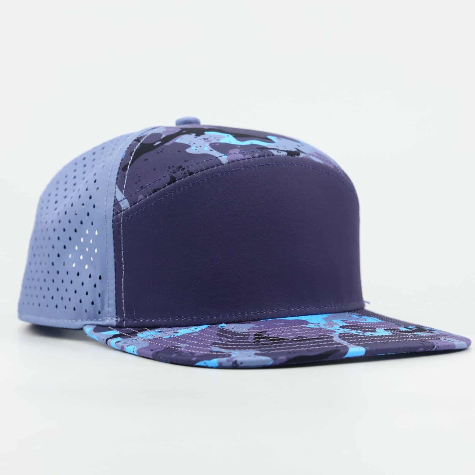 navy blue front with camo top and bill with blue back