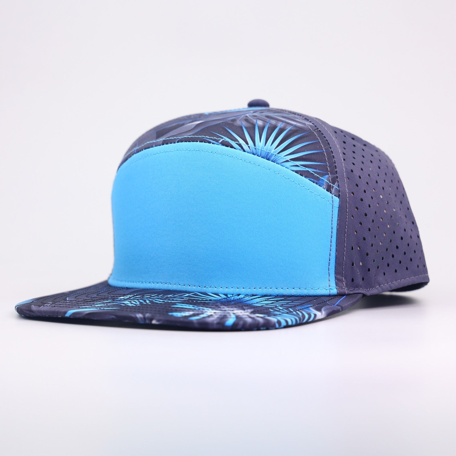 baby blue front with palm leaf print and grey back