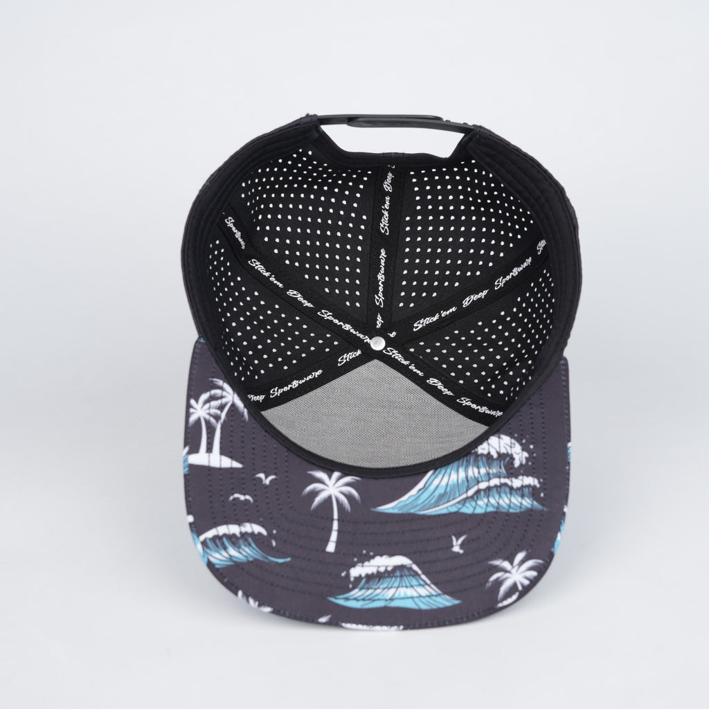 aqua front with black back along with palm trees and tidal waves