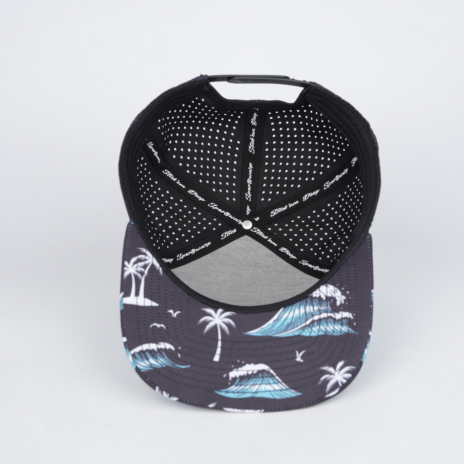 aqua front with black back along with palm trees and tidal waves