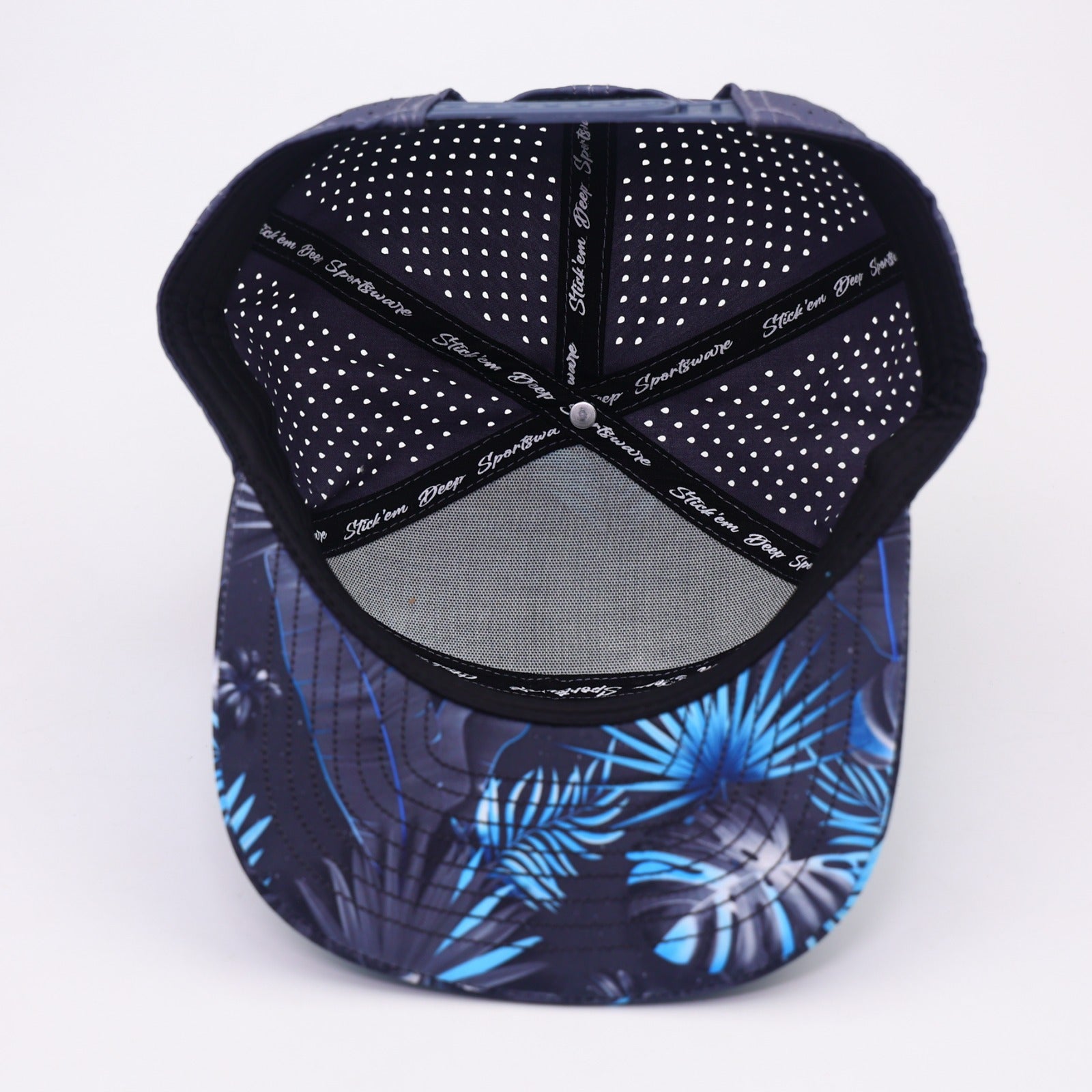 baby blue front with palm leaf print and grey back