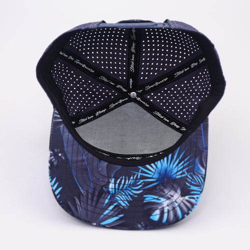 baby blue front with palm leaf print and grey back