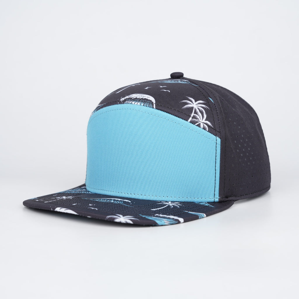 aqua front with black back along with palm trees and tidal waves