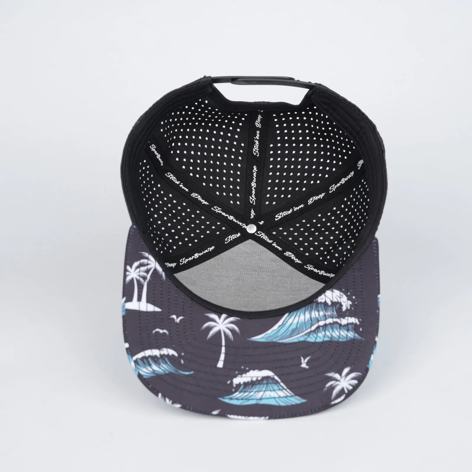 Stick'em Deep Aqua & White Tropical Flat Bill Snapback – Black Back — back view