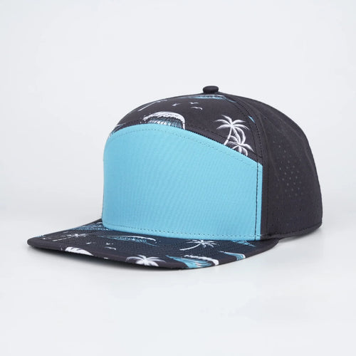 Stick'em Deep Aqua & White Tropical Flat Bill Snapback – Black Back — front view