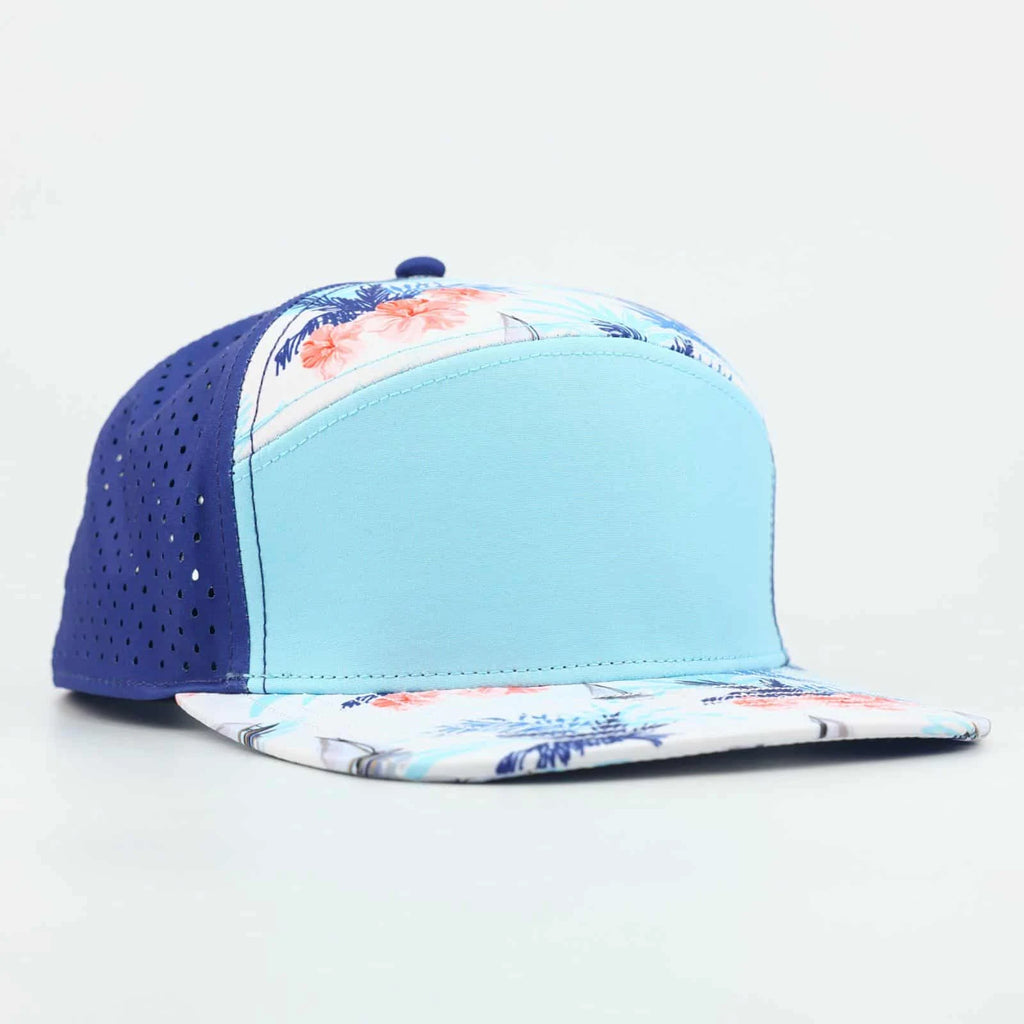 Stick'em Deep Baby Blue, Orange & White Tropical Flat Bill Snapback – Navy Blue Back — front view
