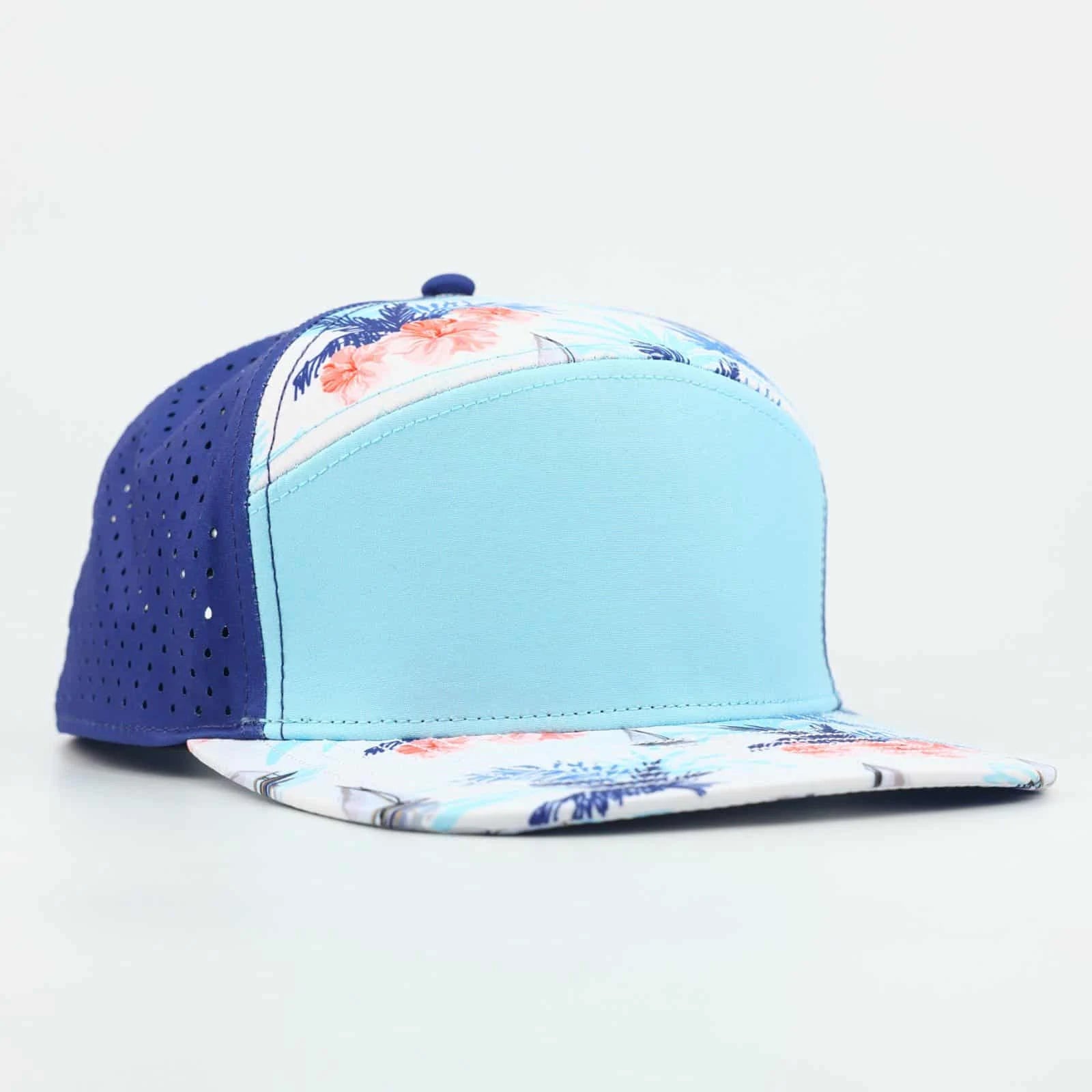 Stick'em Deep Baby Blue, Orange & White Tropical Flat Bill Snapback – Navy Blue Back — front view