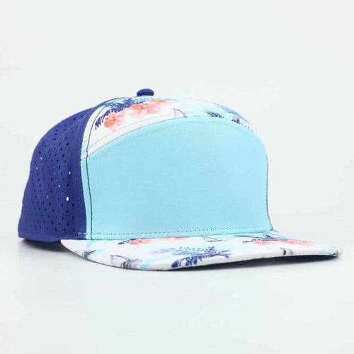Stick'em Deep Baby Blue, Orange & White Tropical Flat Bill Snapback – Navy Blue Back — front view