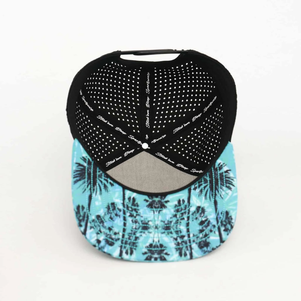 Stick'em Deep Black, Teal & Blue Tropical Flat Bill Snapback – Black Back — back view
