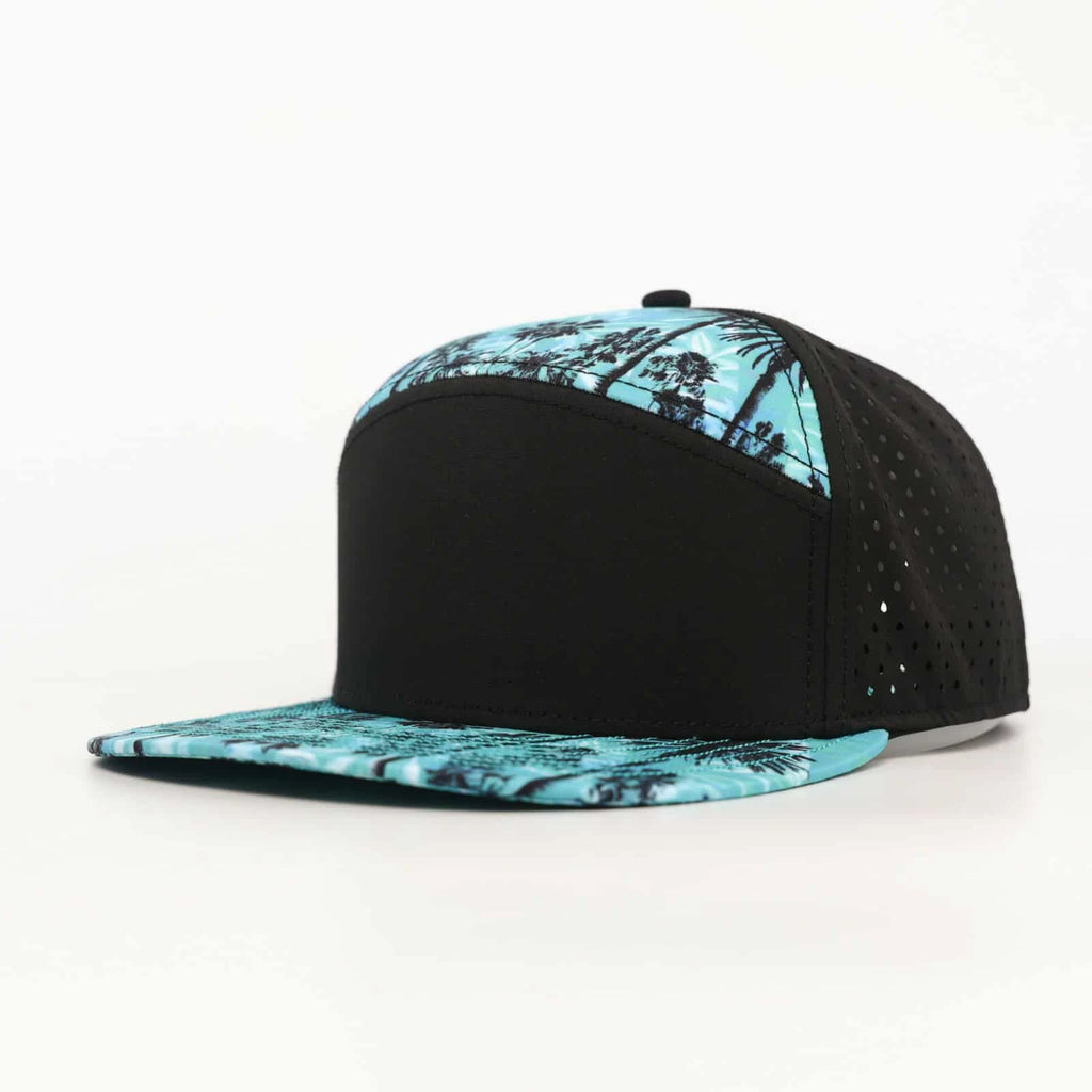 Stick'em Deep Black, Teal & Blue Tropical Flat Bill Snapback – Black Back — front view