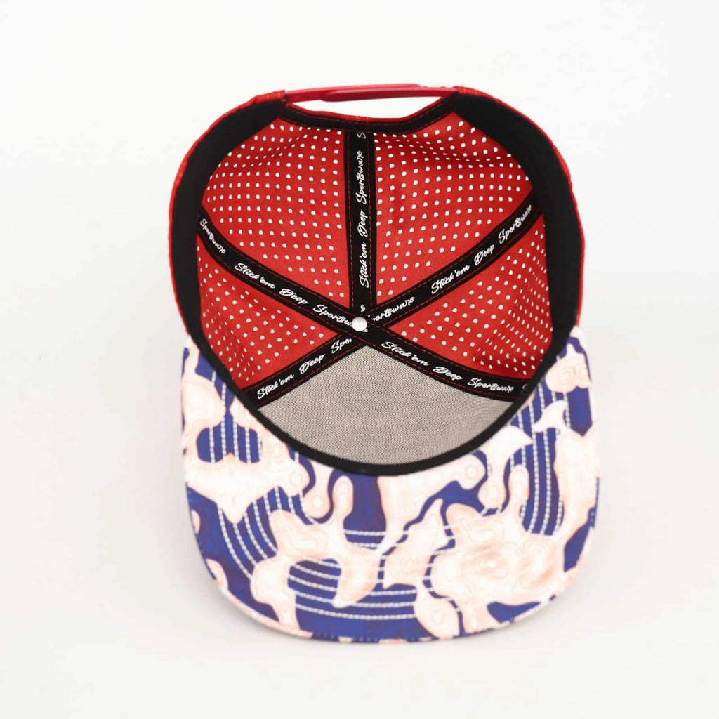 Stick'em Deep Blue, White & Red Topographic Flat Bill Snapback – Red Back — back view