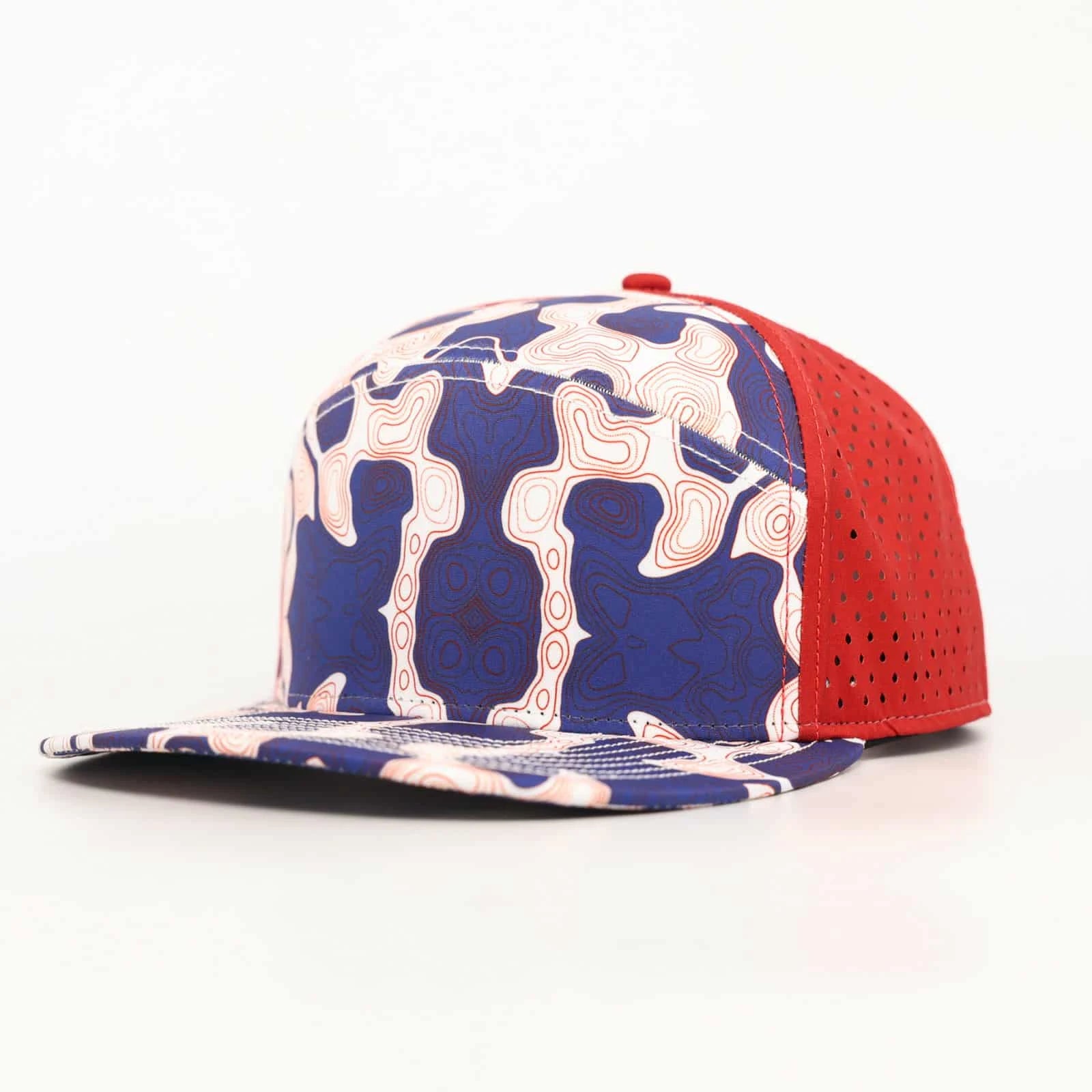 Stick'em Deep Blue, White & Red Topographic Flat Bill Snapback – Red Back — front view