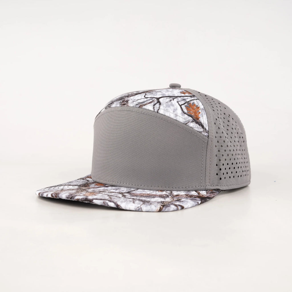 Stick'em Deep Gray, Orange & Brown Arctic Camo 7-Panel Flat Bill Snapback – Gray Back — front view