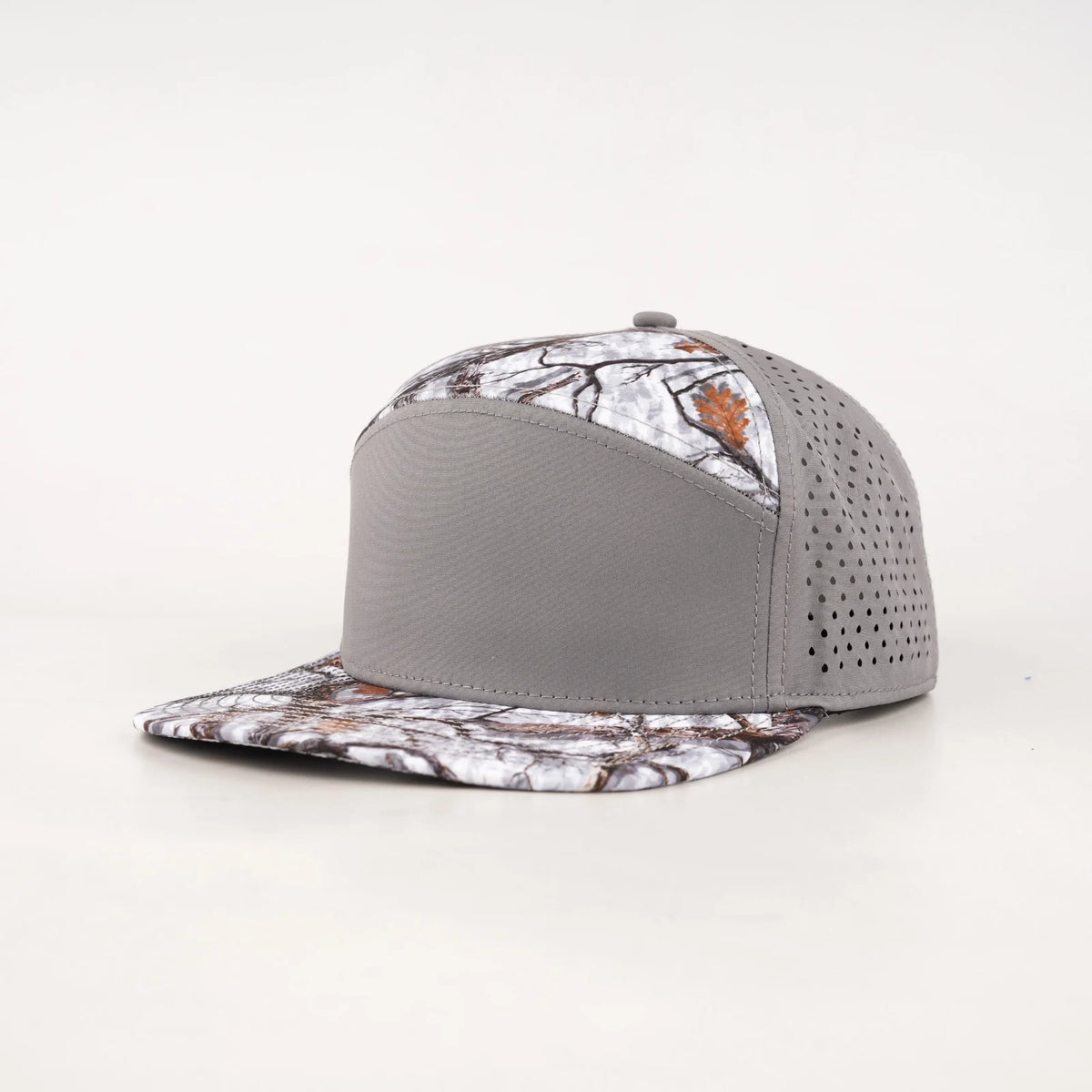 Stick'em Deep Gray, Orange & Brown Arctic Camo 7-Panel Flat Bill Snapback – Gray Back — front view