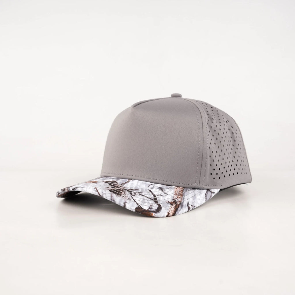 Stick'em Deep Gray, Orange & Brown Arctic Camo 5-Panel Curved Bill Snapback – Gray Back — front view