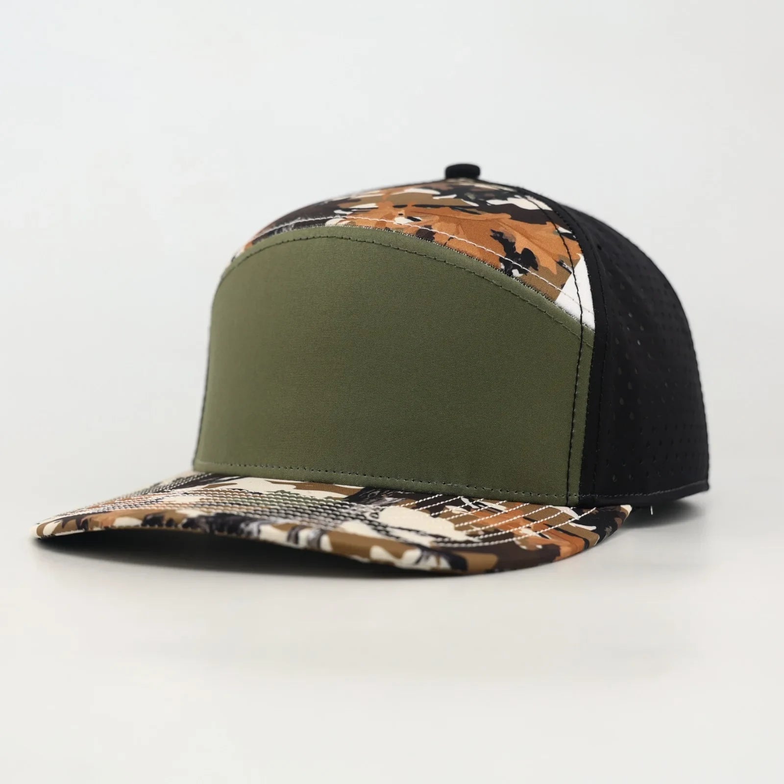 Stick'em Deep Green Multicolor Leaf Camo Flat Bill Snapback – Black Back — front view