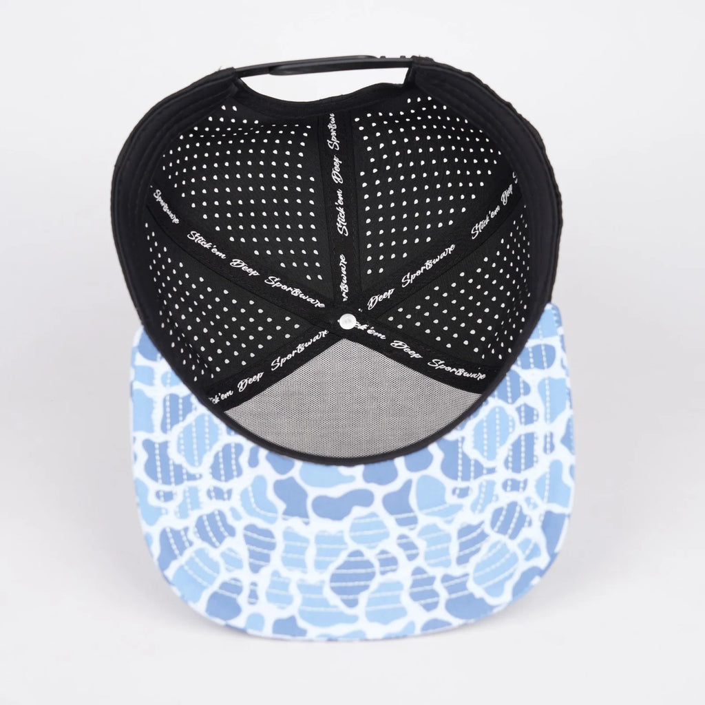 Stick'em Deep Light Blue Duck Camo Flat Bill Snapback – Black Back — back view