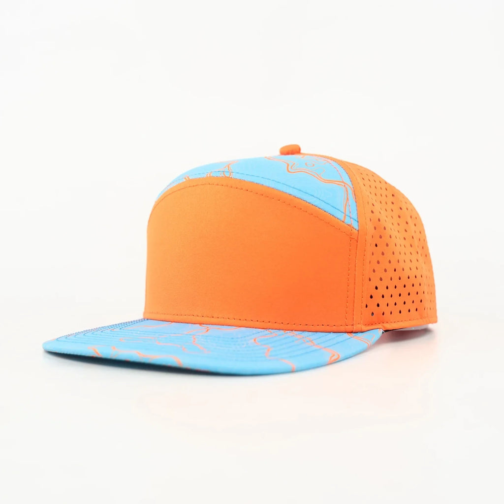 Stick'em Deep Neon Orange & Blue Topographic Flat Bill Snapback – Neon Orange Back — front view
