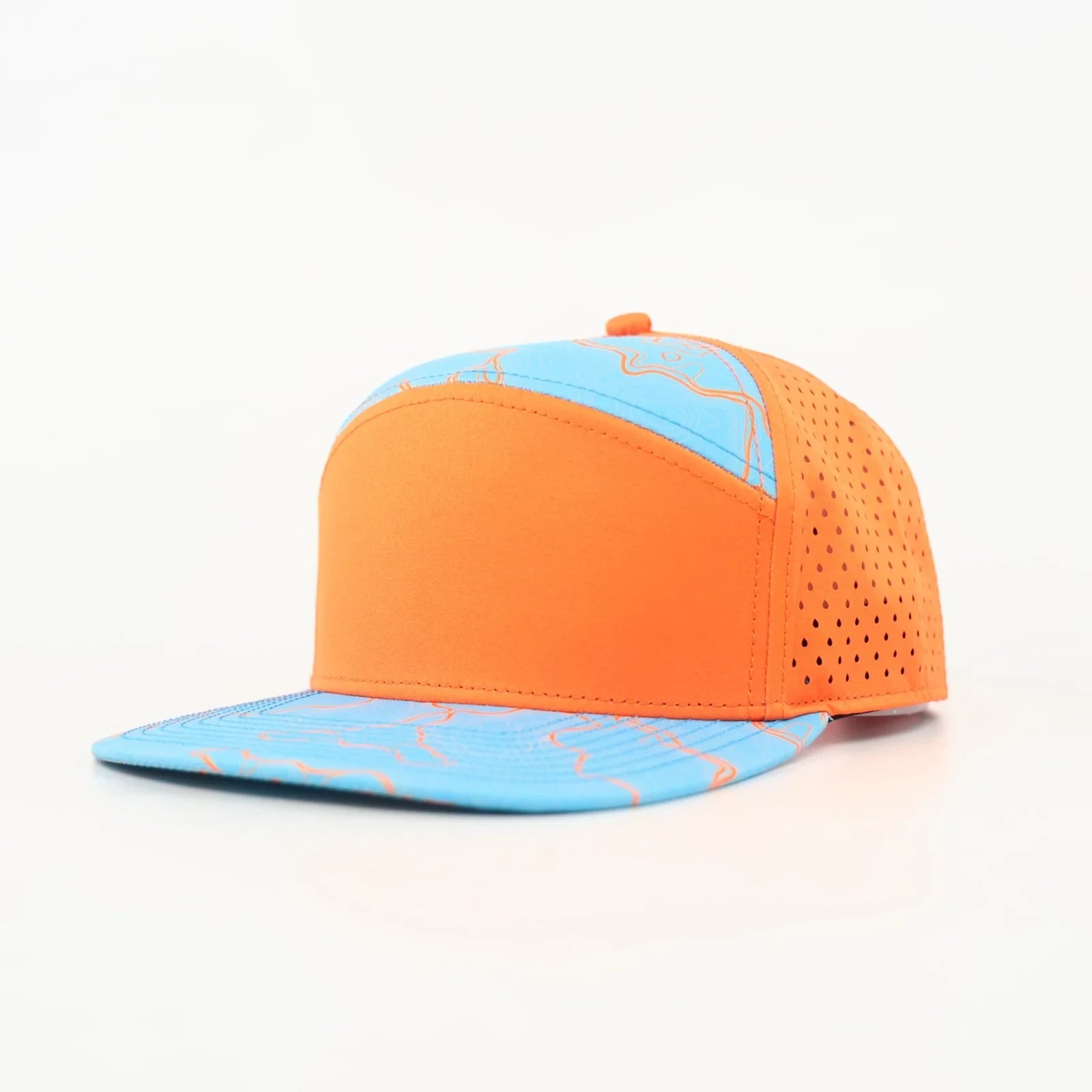 Stick'em Deep Neon Orange & Blue Topographic Flat Bill Snapback – Neon Orange Back — front view