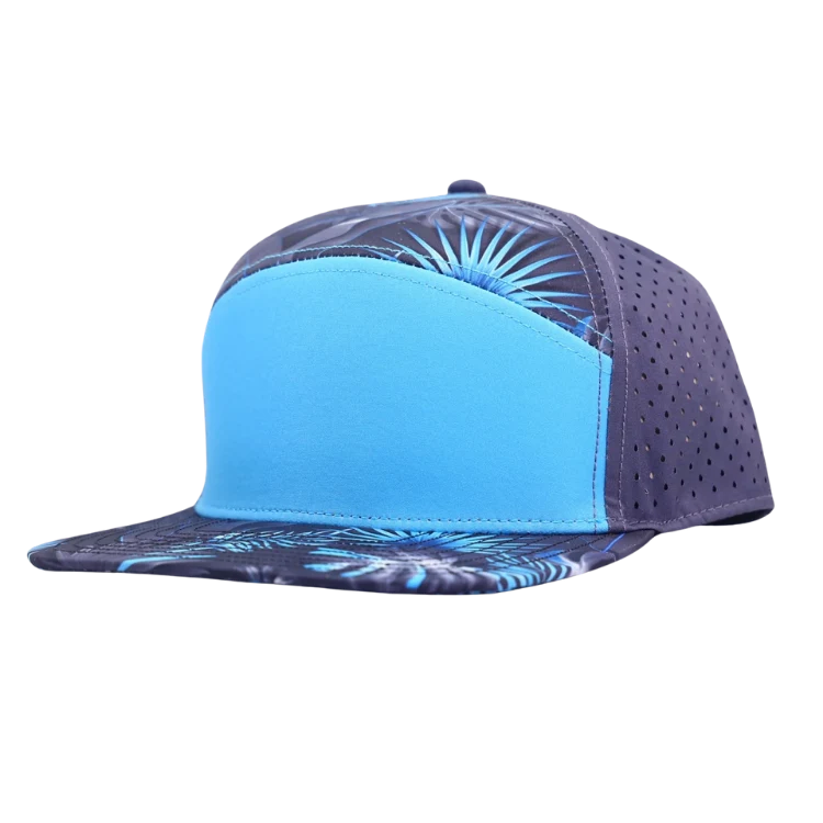 Stick'em Deep Teal & White Tropical Flat Bill Snapback – Blue Back — front view