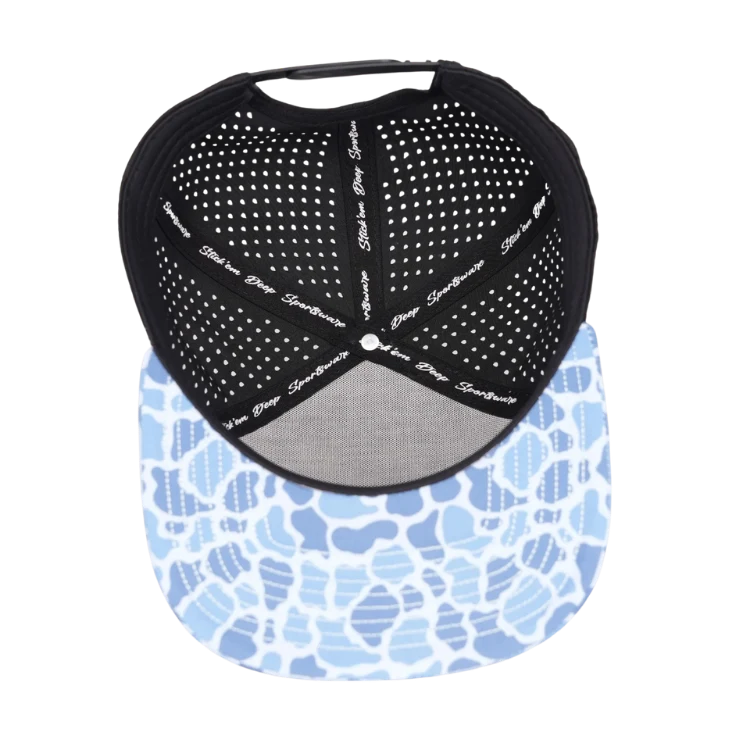 Stick'em Deep Warehouse Special – White & Light Blue Duck Camo Flat Bill Snapback – Black Back — back view