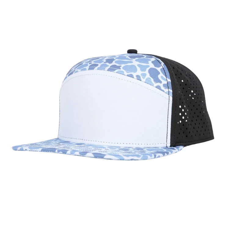 Stick'em Deep Warehouse Special – White & Light Blue Duck Camo Flat Bill Snapback – Black Back — front view