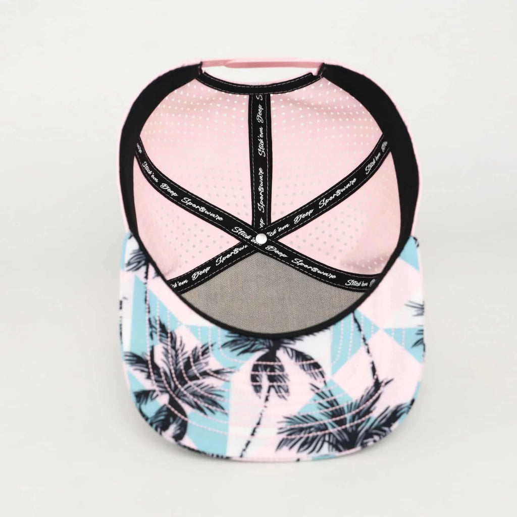 Stick'em Deep White, Aqua & Black Tropical Flat Bill Snapback – Light Pink Back — back view