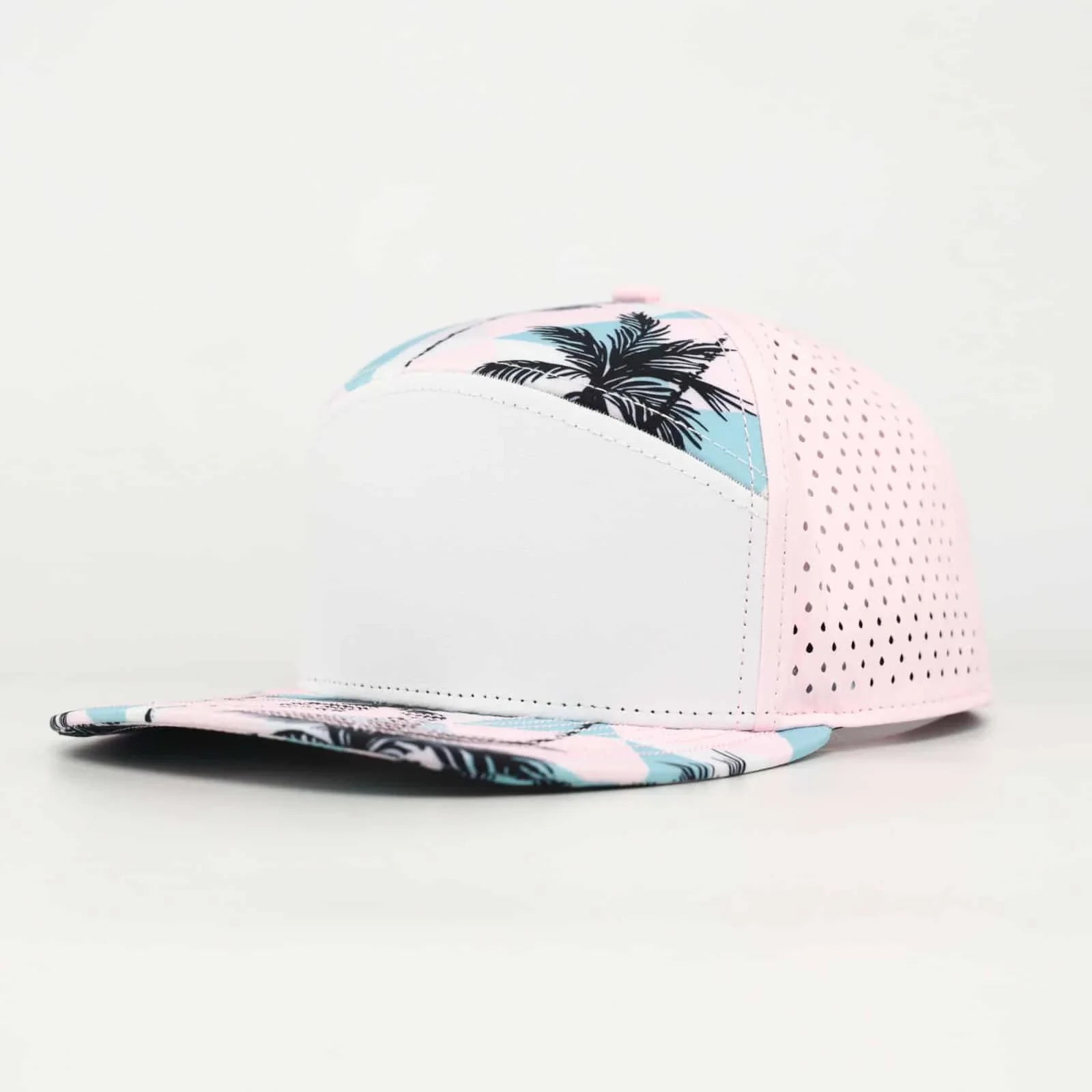 Stick'em Deep White, Aqua & Black Tropical Flat Bill Snapback – Light Pink Back — front view