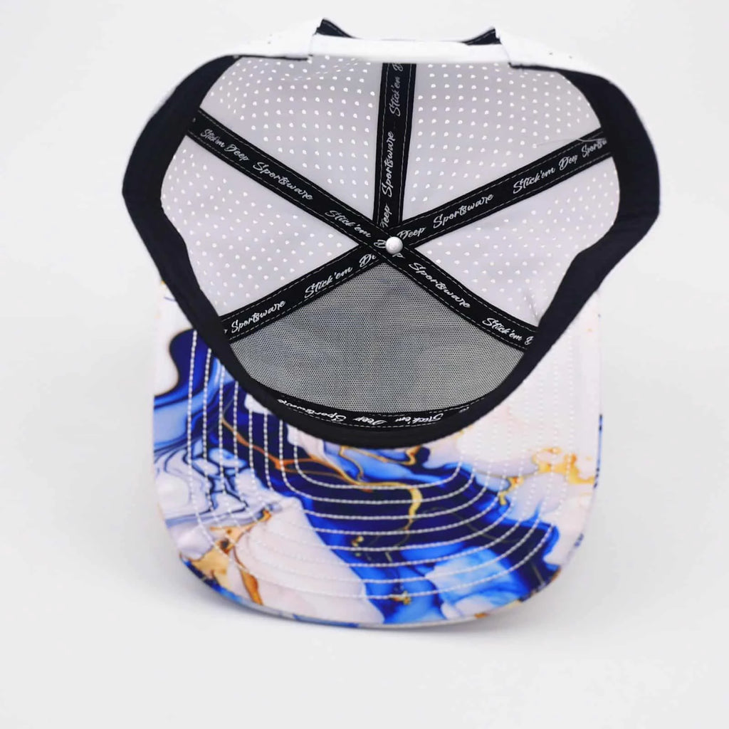 Stick'em Deep White, Blue & Orange Marble Flat Bill Snapback – White Back — back view