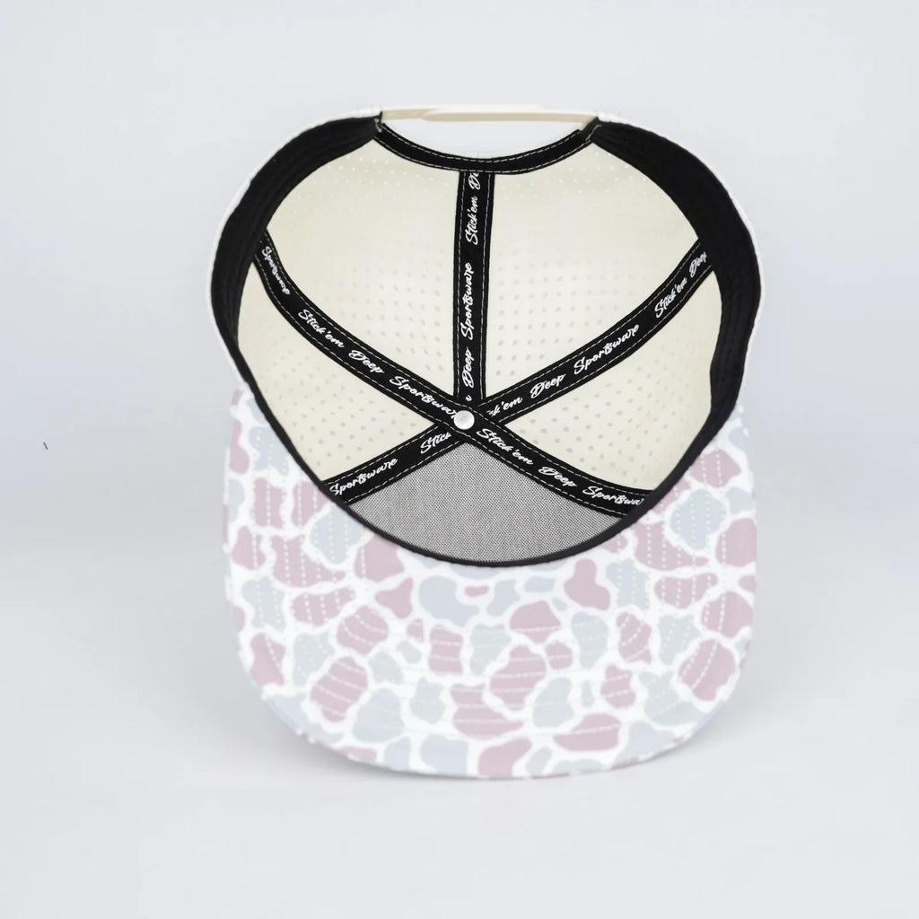 Stick'em Deep White, Brown & Slate Camo Flat Bill Snapback – Light Yellow Back — back view