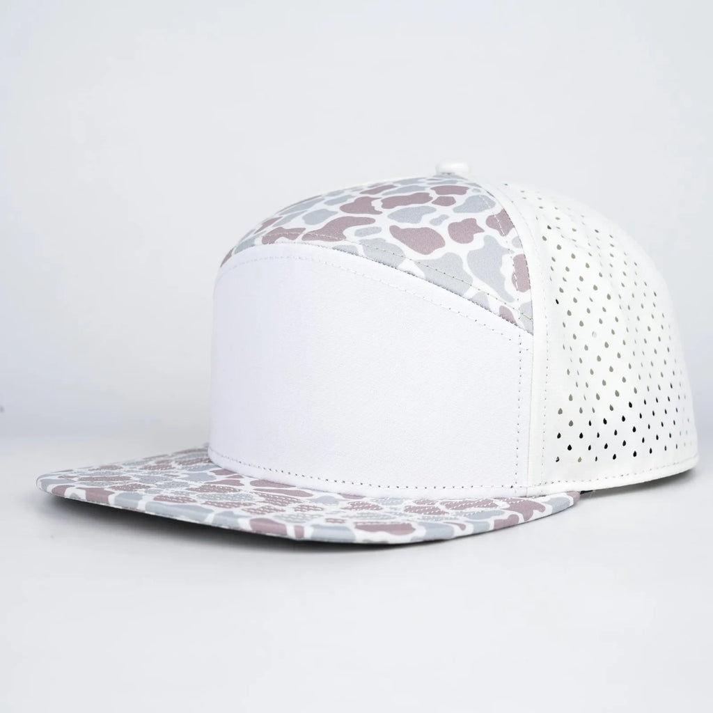 Stick'em Deep White, Brown & Slate Camo Flat Bill Snapback – Light Yellow Back — front view