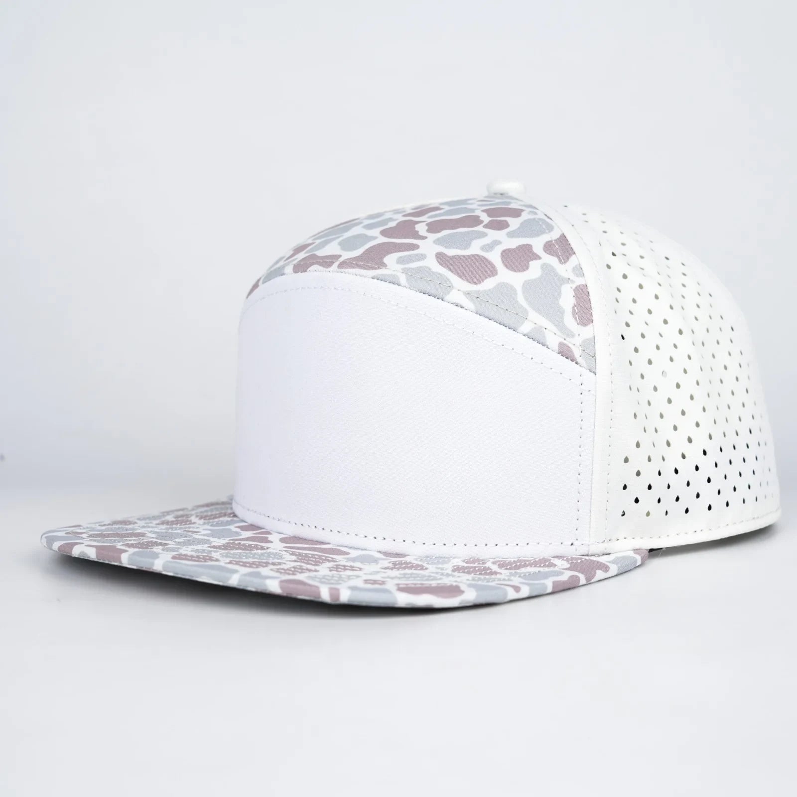 Stick'em Deep White, Brown & Slate Camo Flat Bill Snapback – Light Yellow Back — front view