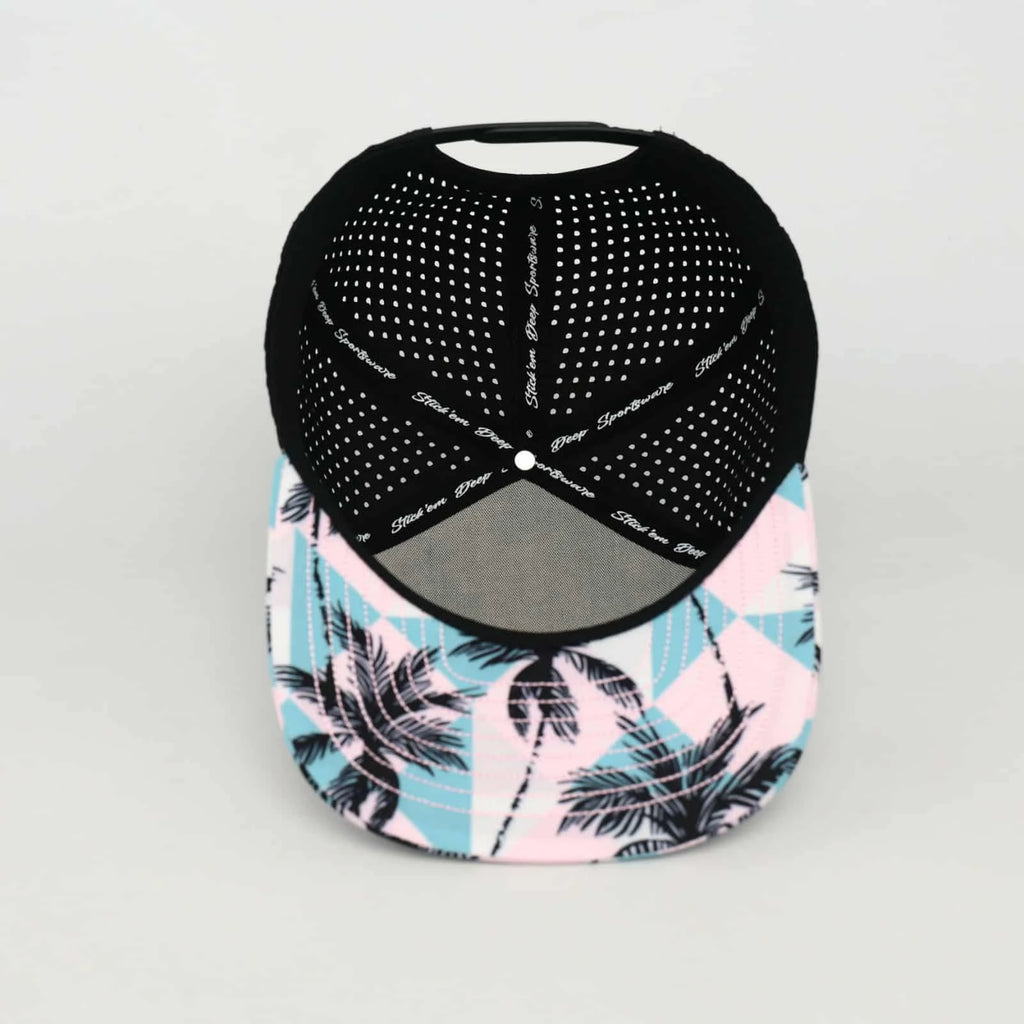 Stick'em Deep White, Light Pink & Aqua Tropical Flat Bill Snapback – Black Back — back view