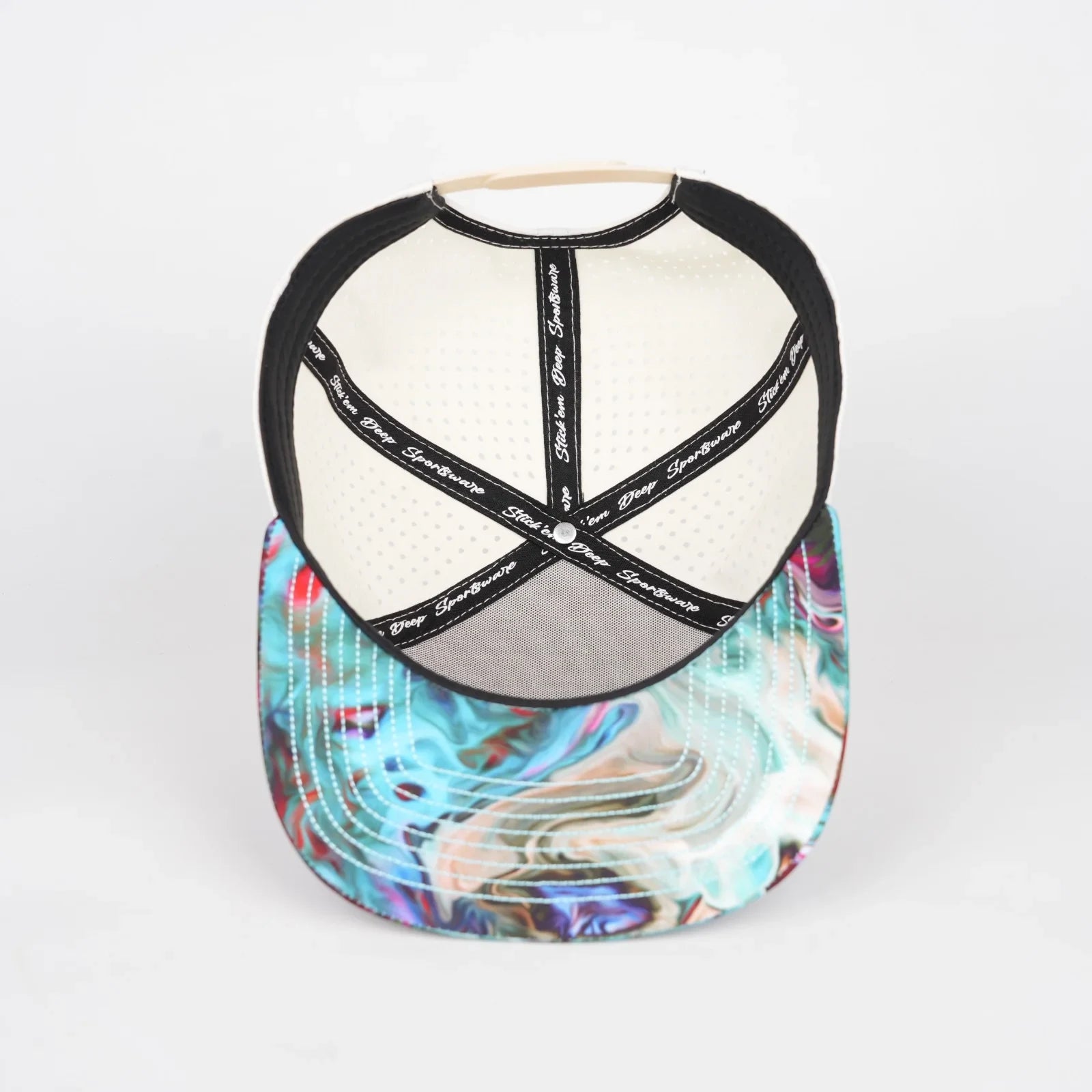 Stick'em Deep White & Multicolor Marble Flat Bill Snapback – Light Tan Back — back view