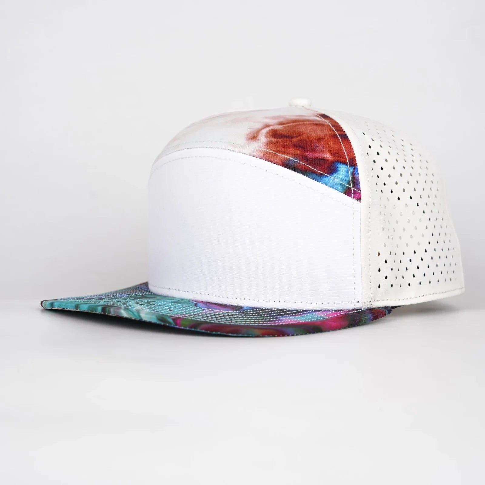 Stick'em Deep White & Multicolor Marble Flat Bill Snapback – Light Tan Back — front view